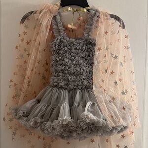 Gray Ruffled girls dress with gold and silver cape